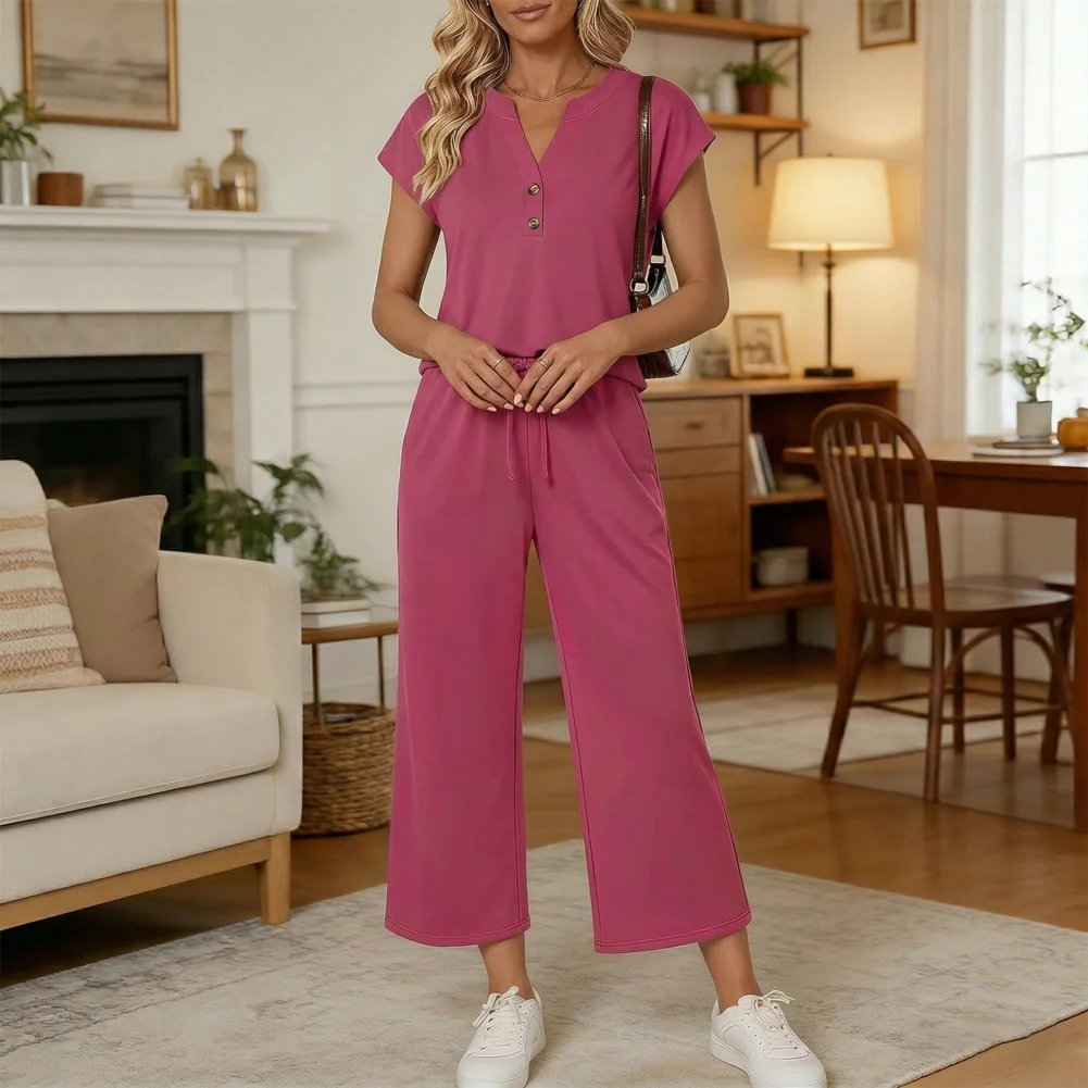 

Lightweight Polyester Suit Women’s Two Piece Set Summer Lounge Wear V Neck Top Wide Leg Pants Vacation Travel Outfits Women