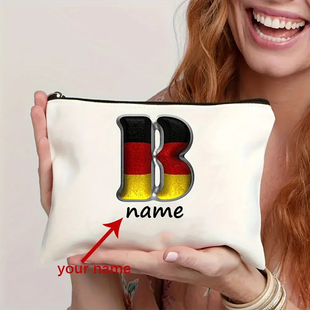 Custom Name German Flag Monogram Letter Makeup Bag Personalized Zipper Cosmetic Pouch Travel Storage Gift for Germany Fans