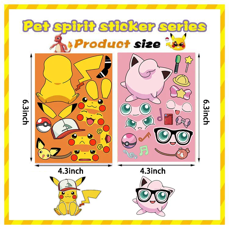 8Sheets Pikachu Pokemon Children Puzzle Stickers Make-a-Face Funny Assemble Jigsaw DIY Cartoon Sticker Kid Educational Toys