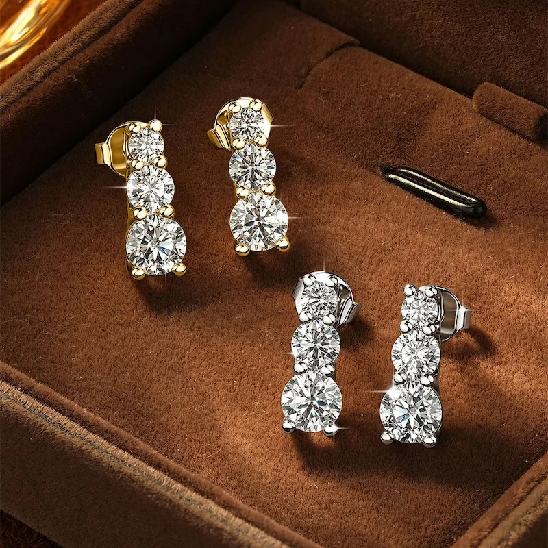 Rrjzz 3mm 4mm 5mm Drei-Stein-Ohrstecker mit Labor-Imitationsdiamanten, D-Farbe Moissanit-Ohrstecker für Damen, Hochzeitsschmuck, Geschenke – Detail 11