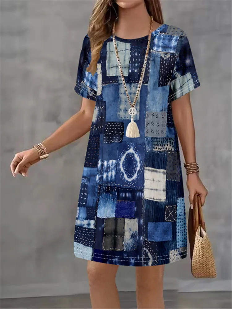 Mode-Trend 3D Imitation Denim Muster frauen Kleid Neue Sommer Straße Denim Blume Drucken Kurzarm Lose Beiläufige Mini kleid