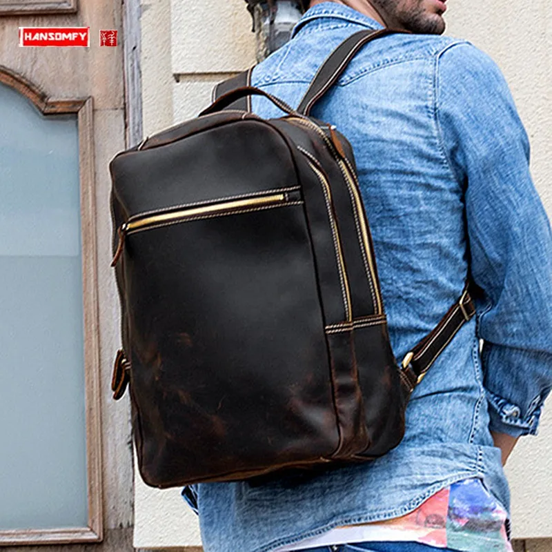 2025 New Real Genuine Leather Men's Backpack Retro Travel Backpacks Large Capacity 15.6 Inch Laptop Bag Casual Schoolbags