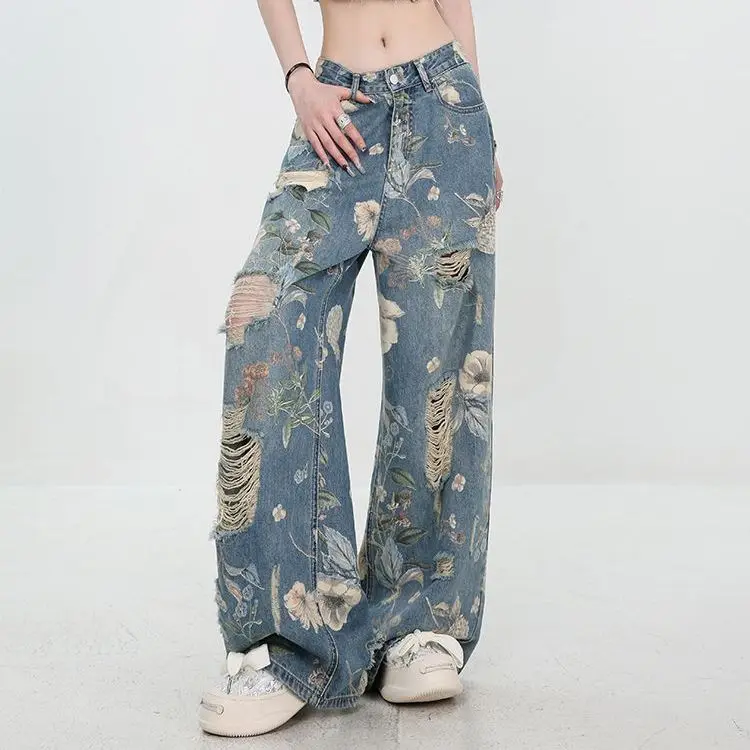Summer 2025 new American retro printing ripped jeans women's high-waisted loose straight mopping wide-leg pants