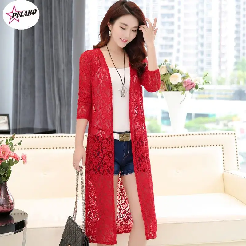 PULABO Summer Beach Cover Up 3XL Women Floral Lace Kimono Semi Sheer Solid Open Front Long Elegant Cardigan Mujer Tops