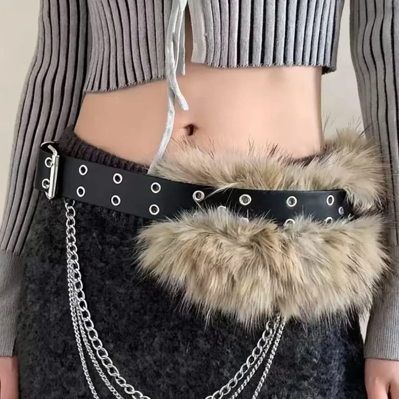 Fashion Wide Faux Fur Leather Belt American Hot Girl Fur Patchwork Chain Belt Trendy Waistband Punk Y2K Style Belt Women 2027