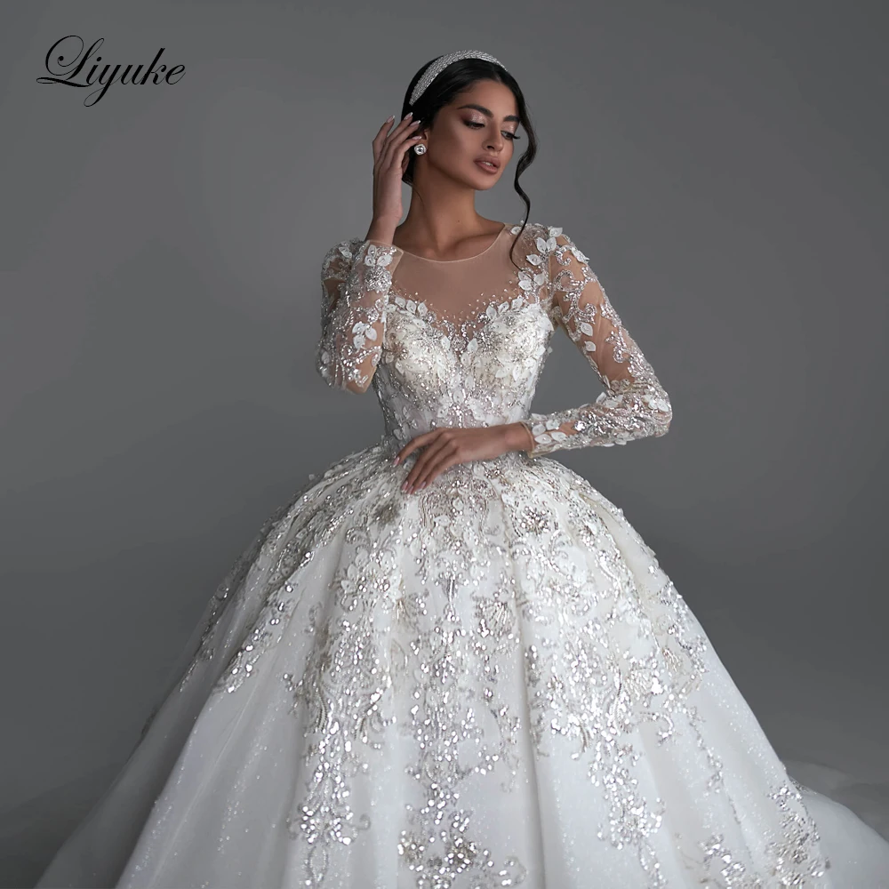 Liyuke-Luxo Stuning Beading Vestidos De Noiva De Renda, Mangas Completas, O-Neck vestido De Baile, Pérolas Bordados