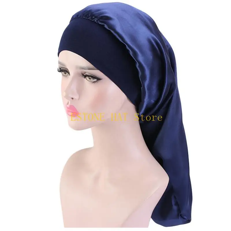 49MF Satin Bonnet for Women Soft Elastic Color Long Hair Cap Large Sleeping Hat