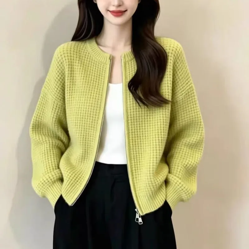 Womens Autumn Winter Korean Style Loose Knit Cardigan Long Sleeve Zip Up Casual Slim Fit Fashion Outerwear