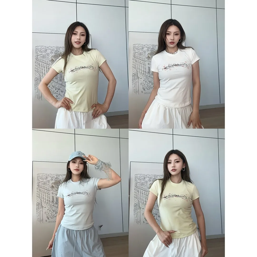 CV Dance Summer End Rose Color Change Casual round Neck Short Sleeve Women's Top Shoulder Width Regular Length Breathable