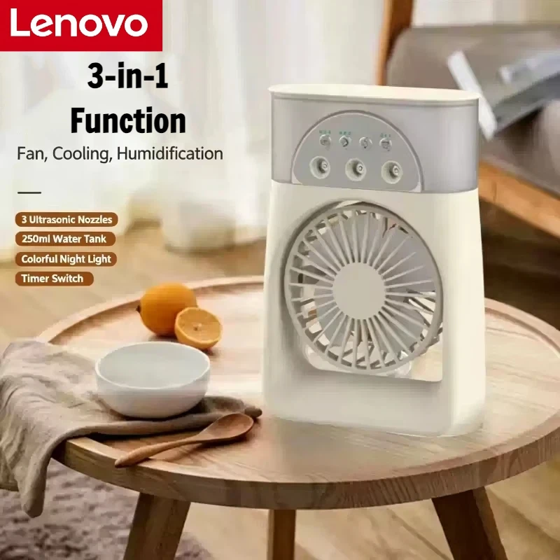 Lenovo Cooling Fan USB Electric Fan Portable Humidifier LED Night Light 3-in-1 Fan Air Conditioner Suitable for Home and Office