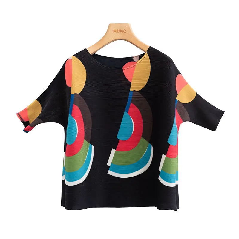 Fashionable pleated contrasting geometric patterns korean luxury clothing dresses ladies 2023 summer t-shirts