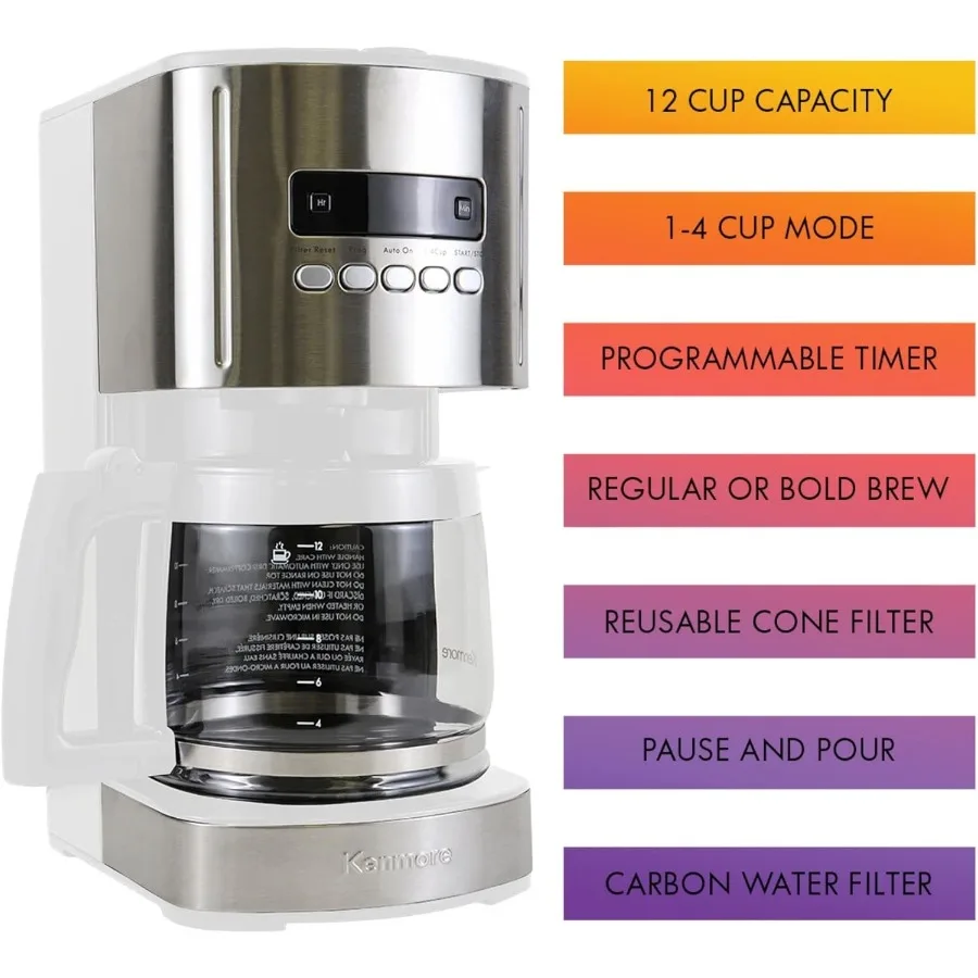 Kenmore Caffettiera a goccia programmabile da 12 tazze con caraffa in vetro per uso caffetteria e barista Caratteristiche Set di birra regolare e audace