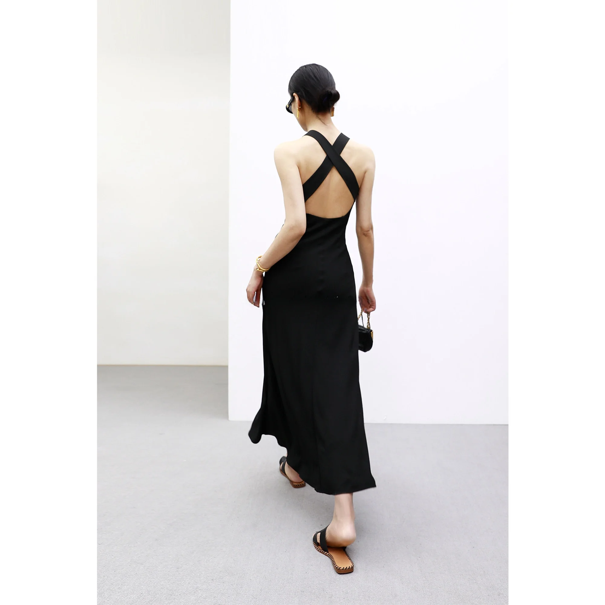 

Lemon Chen Crossed Strap Bal A-Line Midi Dr Ele Svel Bla Dr High Waist Polyester Fiber Spring Summer