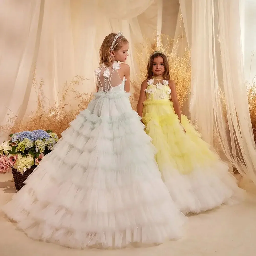 

Gorgeous Layered Tulle Puffy Flower Girl Dress For Wedding Applique Beading Pearls Birthday Party First Communion Ball Gowns