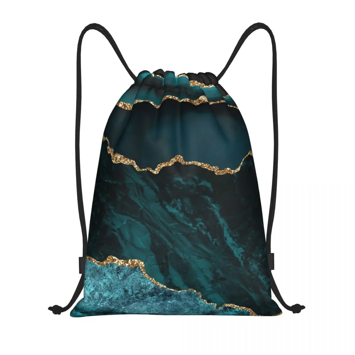 Teal And Gold Agate Drawstring Backpack Women Men Sport Gym Sackpack Portable Geometric Patterns Shopping Bag Sack