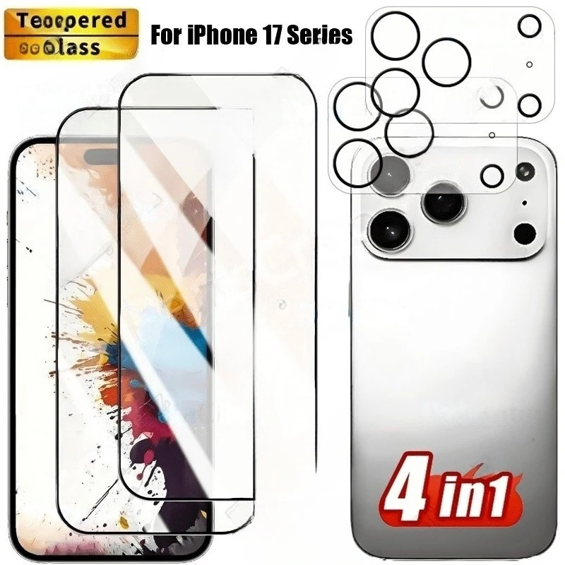 

2 шт. закаленное стекло с 2 шт. Защитная пленка для объектива камеры для iPhone 11 12 13 14 15 16 17 Pro Max 16e Air 15 14 Plus 13 12 Mini Glass