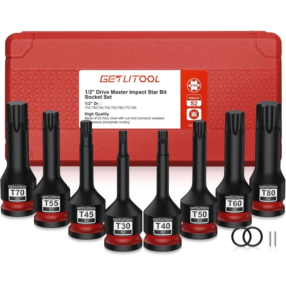 GETLITOOL 8Pcs Impact Torx Bit Socket Set, 1/2 Drive S2 Steel Star Bit Sockets T30-T80 with Size-marked and Storage Case for Car