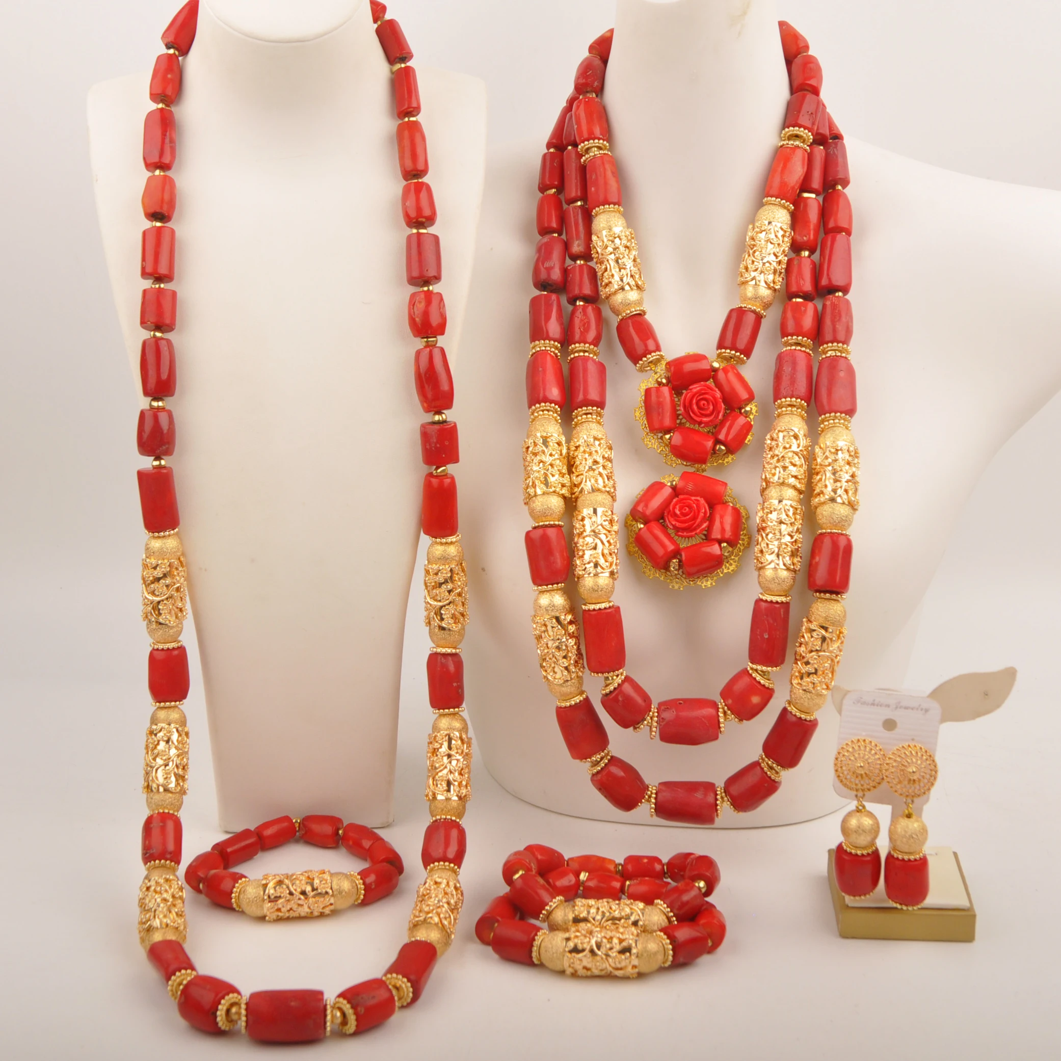 Fashion African Couple Jewelry Red Nigerian Wedding Coral Bead Necklace Sets