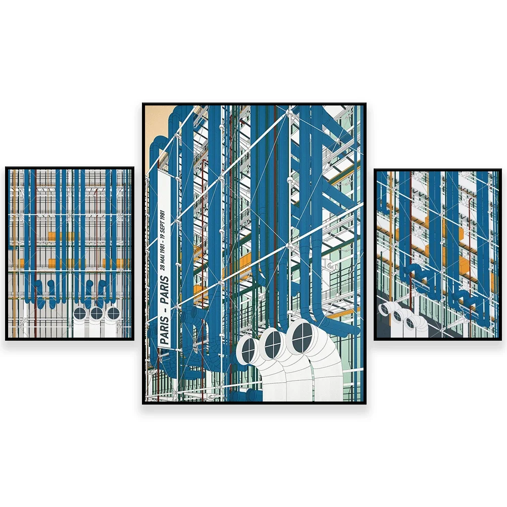 Modern architectural art print of Centre Pompidou, France, illustrated abstract poster, minimalist architectural print, Beaubour
