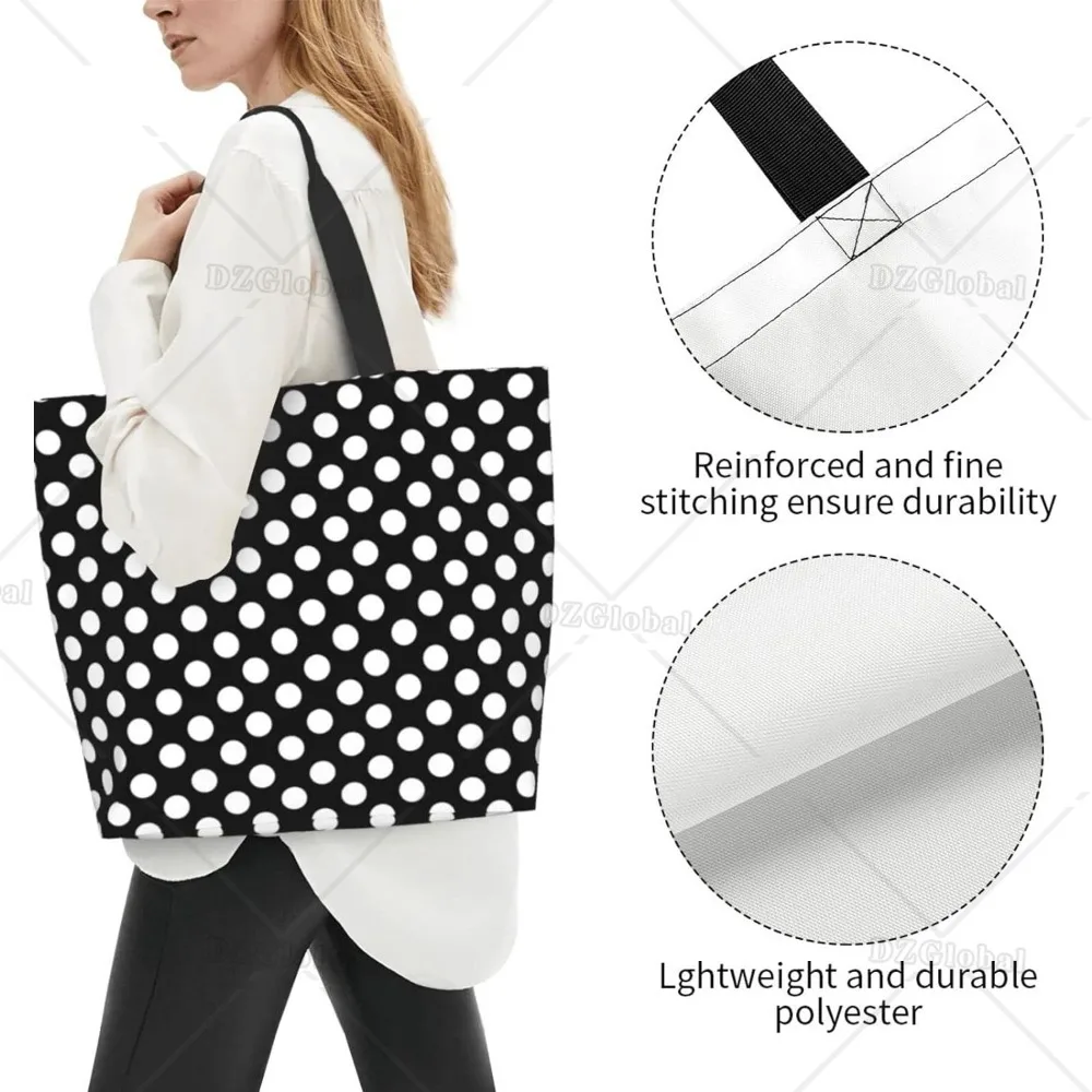 Black and White Polka Dot Tote Bag Large Shoulder Bag Casual Reusable Handbag for Women Shopping Grocery Work