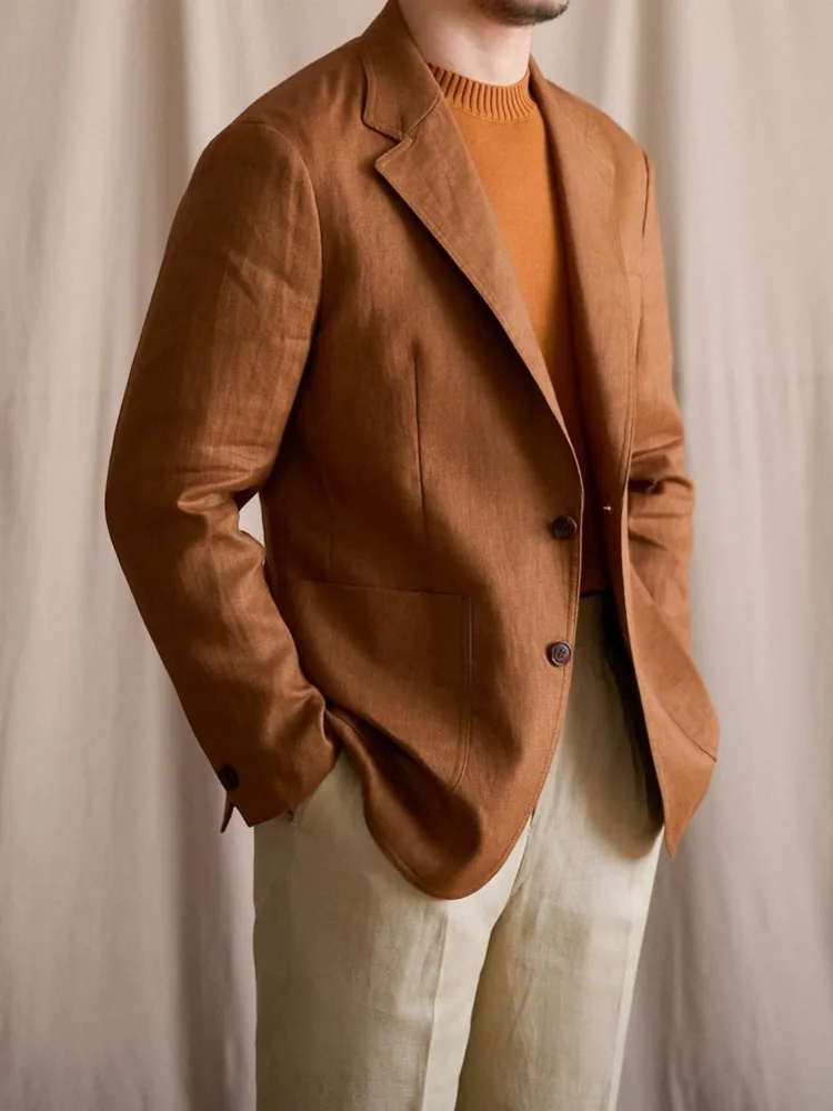 Fashion Men Summer Breathable Single Breasted Two Button Linen Blazers Slim Fit Business Casual Gentleman Suit Jacket Outerwear