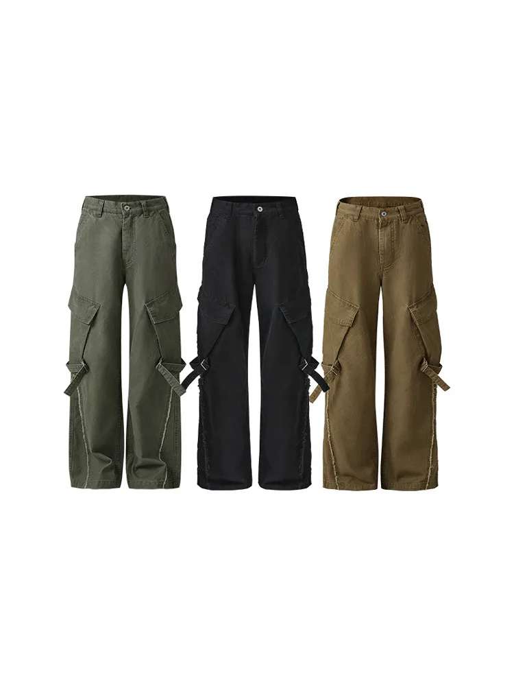 

Trendy Faion Twill Work Pants with Belt American Vintage A-Line Straight Loose Casual Trousers for Young Men Daily Wear