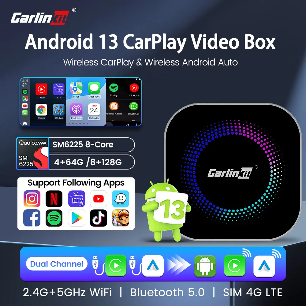 CarlinKit Android 13 CarPlay Smart Ai Box Wireless CarPlay Android Auto 3-in-1 Adapter For Netflix Video 8 Cores SIM/TF Card