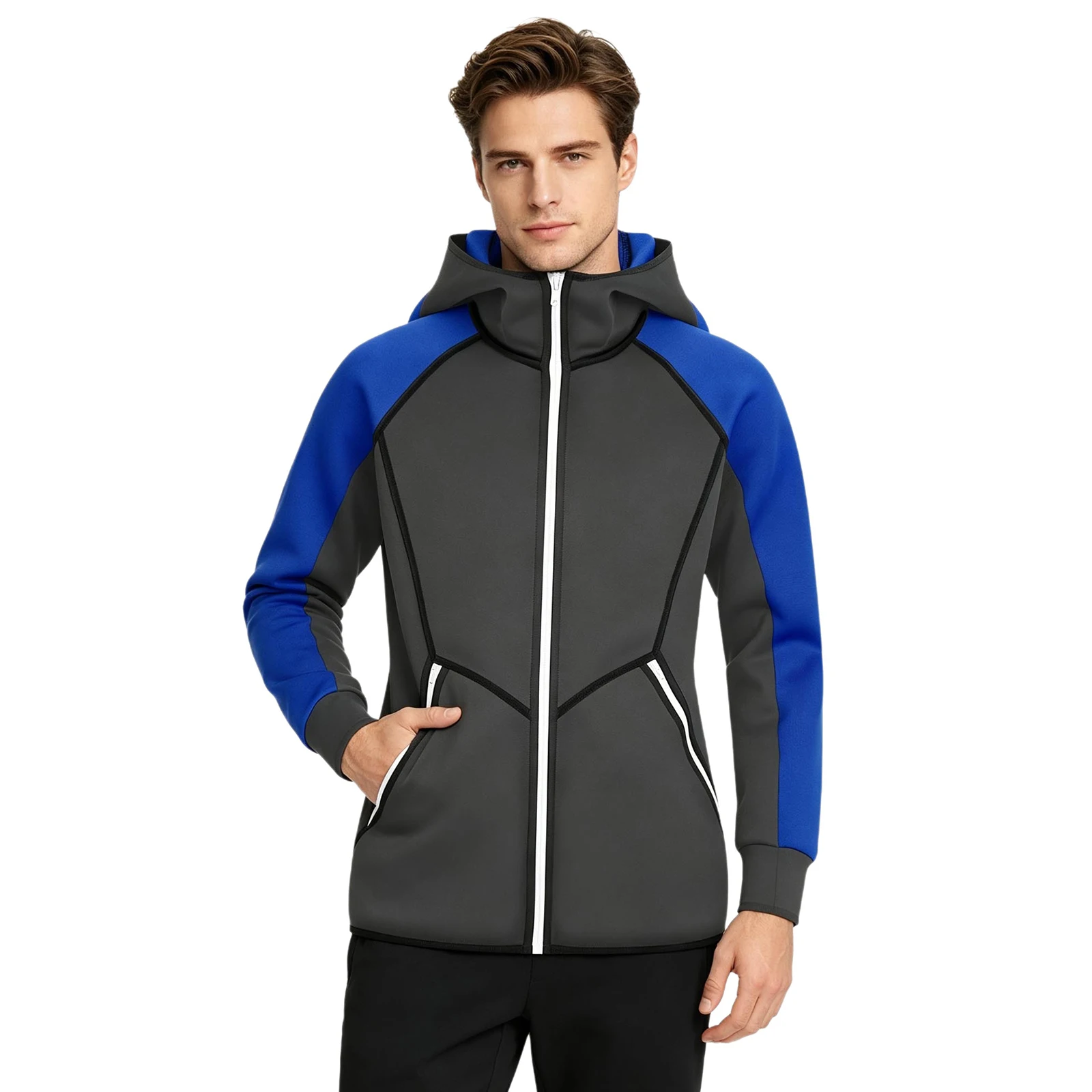 Men Neoprene Hooded Sports Coat Top Waterproof Color Block Windbreaker Jacket Front Zipper Hoodie Outerwear with Zipper Pockets