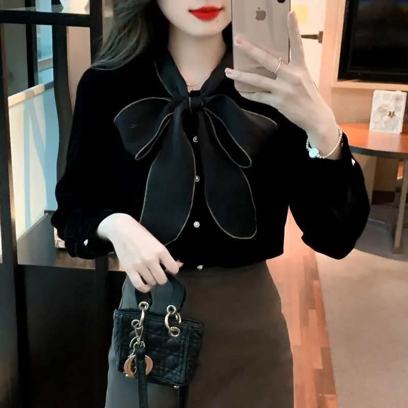 Vintage Solid Color All-match V-Neck Blouse Autumn Winter Elegant Drawstring Bow Female Clothing Single-breasted Folds Shirt New