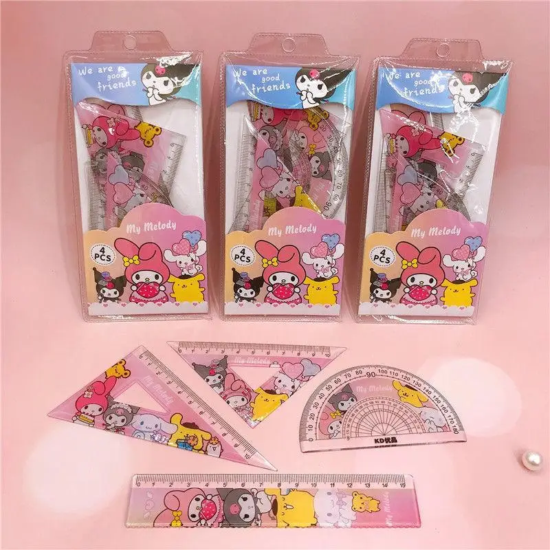 

New MINISO Sanrio Student Ruler 4 Piece Set Melody Hello Kitty Kuromi Cartoon Pattern Learning Stationery Measuring Ruler Set