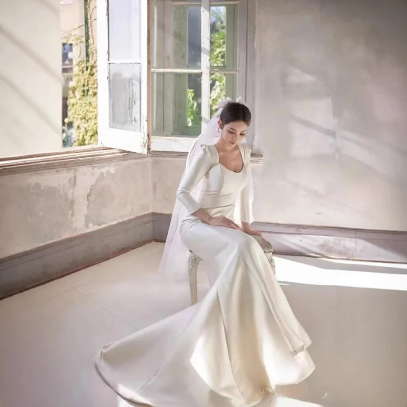 فستان زفاف من الساتان الأبيض الخفيف بأكمام طويلة يغطي الذراع أنيق حورية البحر خفيف فاخر ثوب زفاف العروس المتخصصة