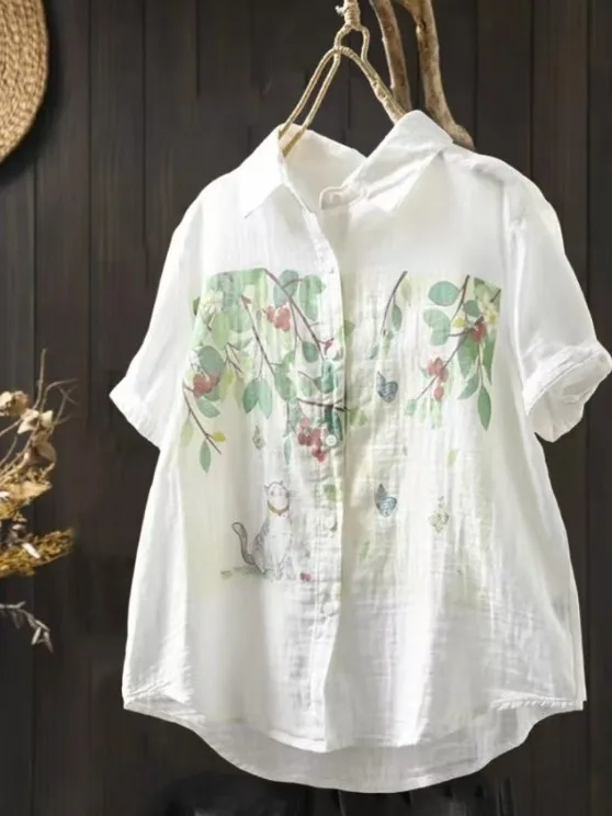 

Digital Printing Pure Cotton Double Layer ort Sve Women's Loose Slimming Summer Casual Agel Personali Top irt