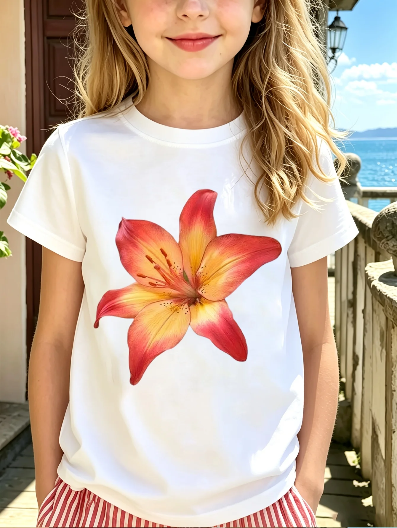 Kids Family Matching T Shirt Gradient Red Yellow Lily Flower Print Short Sleeve Cotton Tops For Boys Girls Daily Casual Outfit