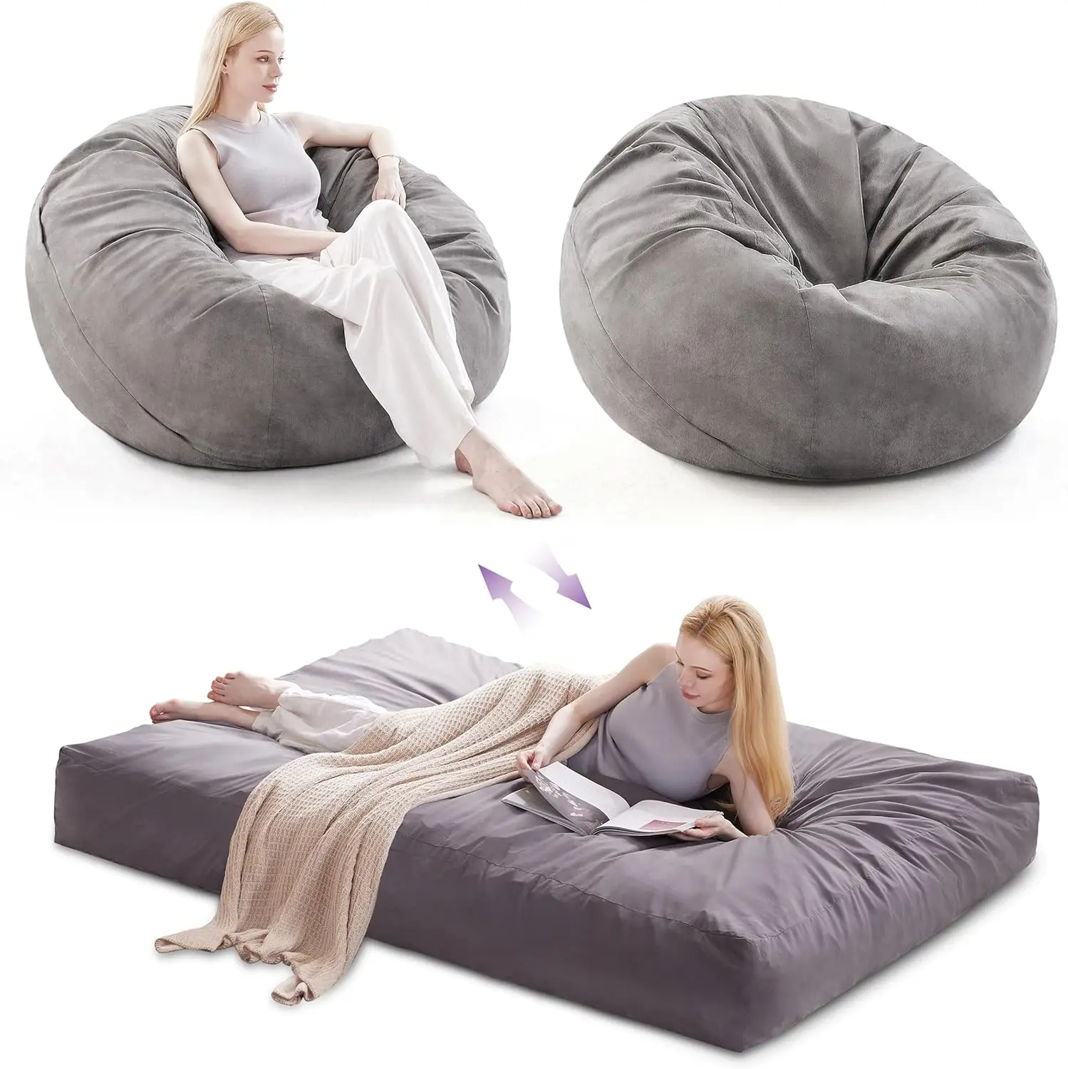 Bean Bag Chair, Large Bean Bag Chairs for Adults, Convertible Bean Bag Bed, Big Beanbag Chair with Microfiber Cover, Huge