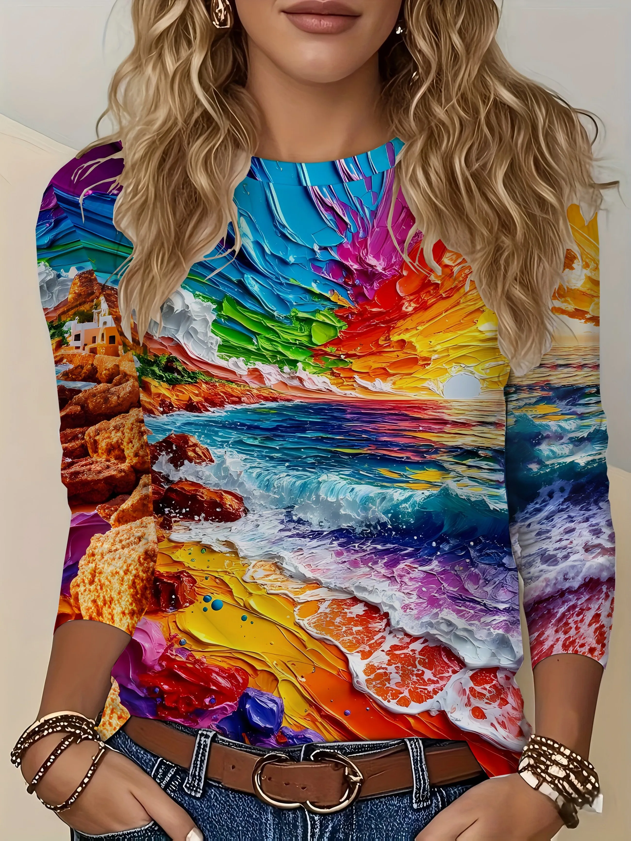 Women's Oil Painting Print Sweatshirt Colorful Seascape Sunset Ocean Wave Long Sleeve Crew Neck Casual Pullover Artistic Top - view 2