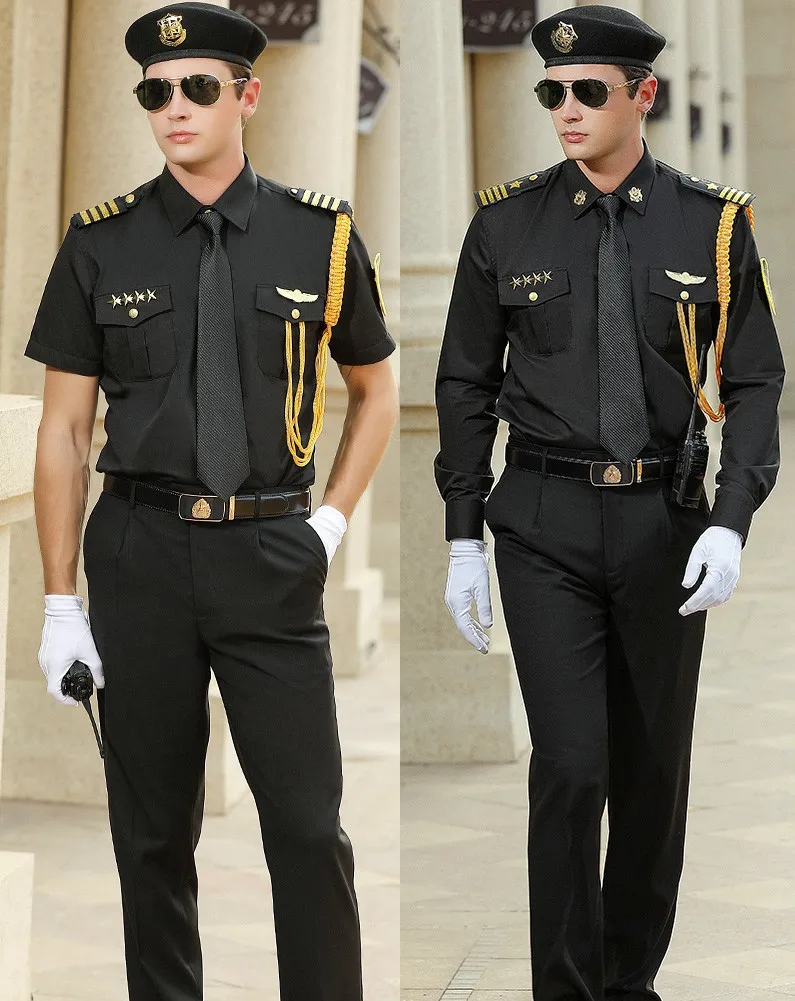 Summer New Security Uniform Black Long Short Sleeve Shirt Overalls Suit Men Captain Pilot Shirts Business Outdoor Shirt