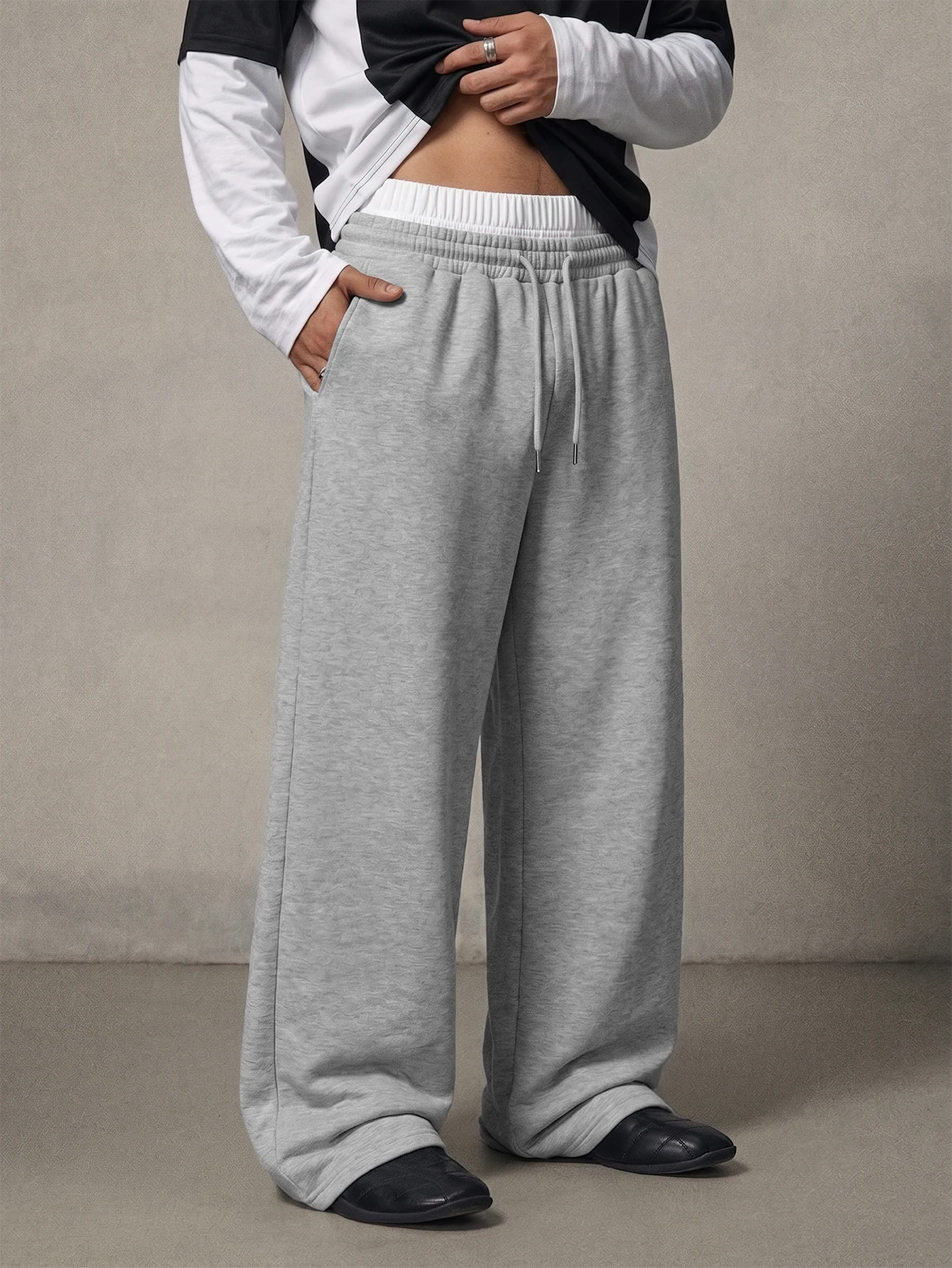 Men's Sweatpants And Joggers Wide Leg Double Layer Waist Solid Gray Drawstring Loose Fit Streetwear Trousers