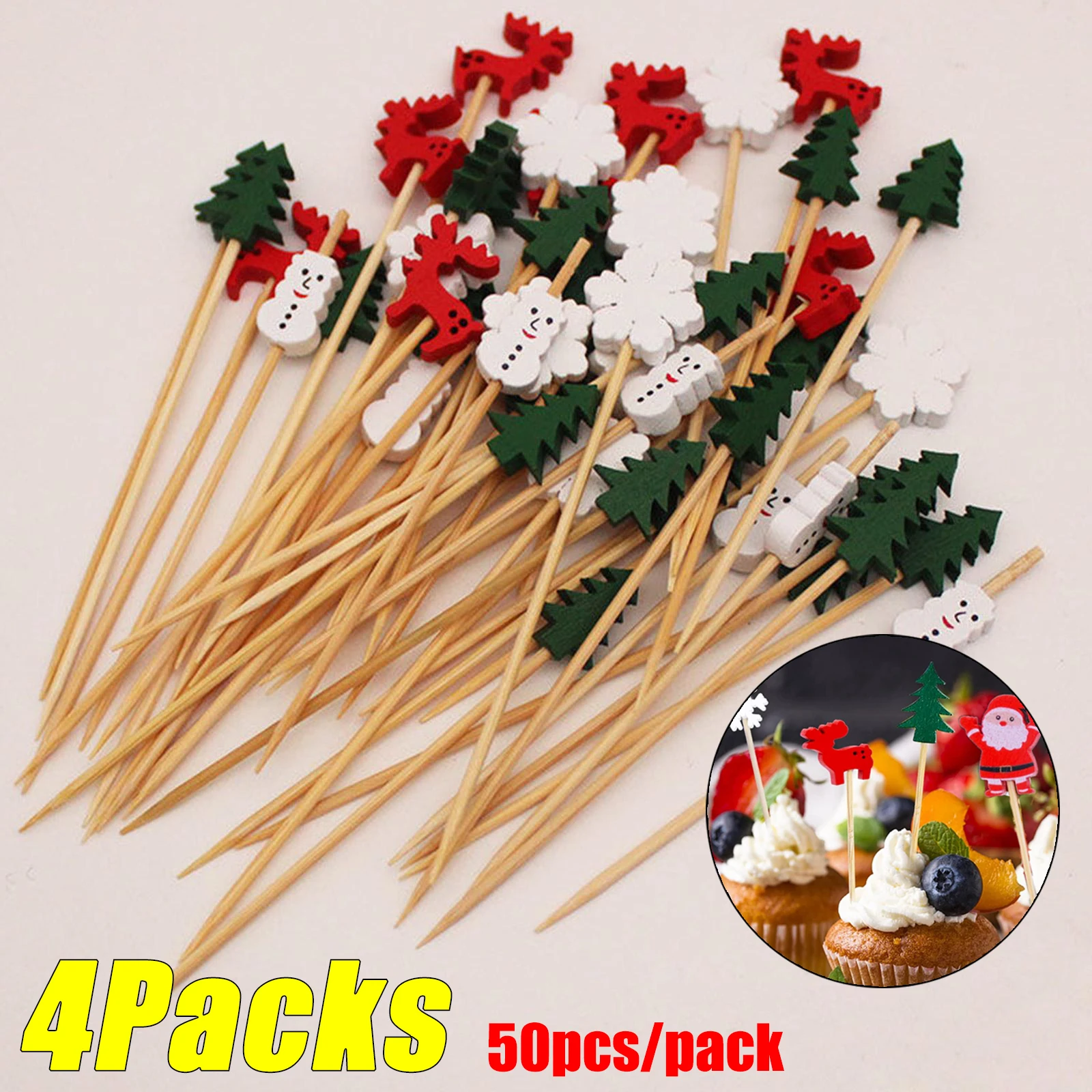 4Packs Christmas Bamboo Skewers Disposable Food Dessert Toothpicks Fruit Salad Fork New Year Party Decoration Supplies