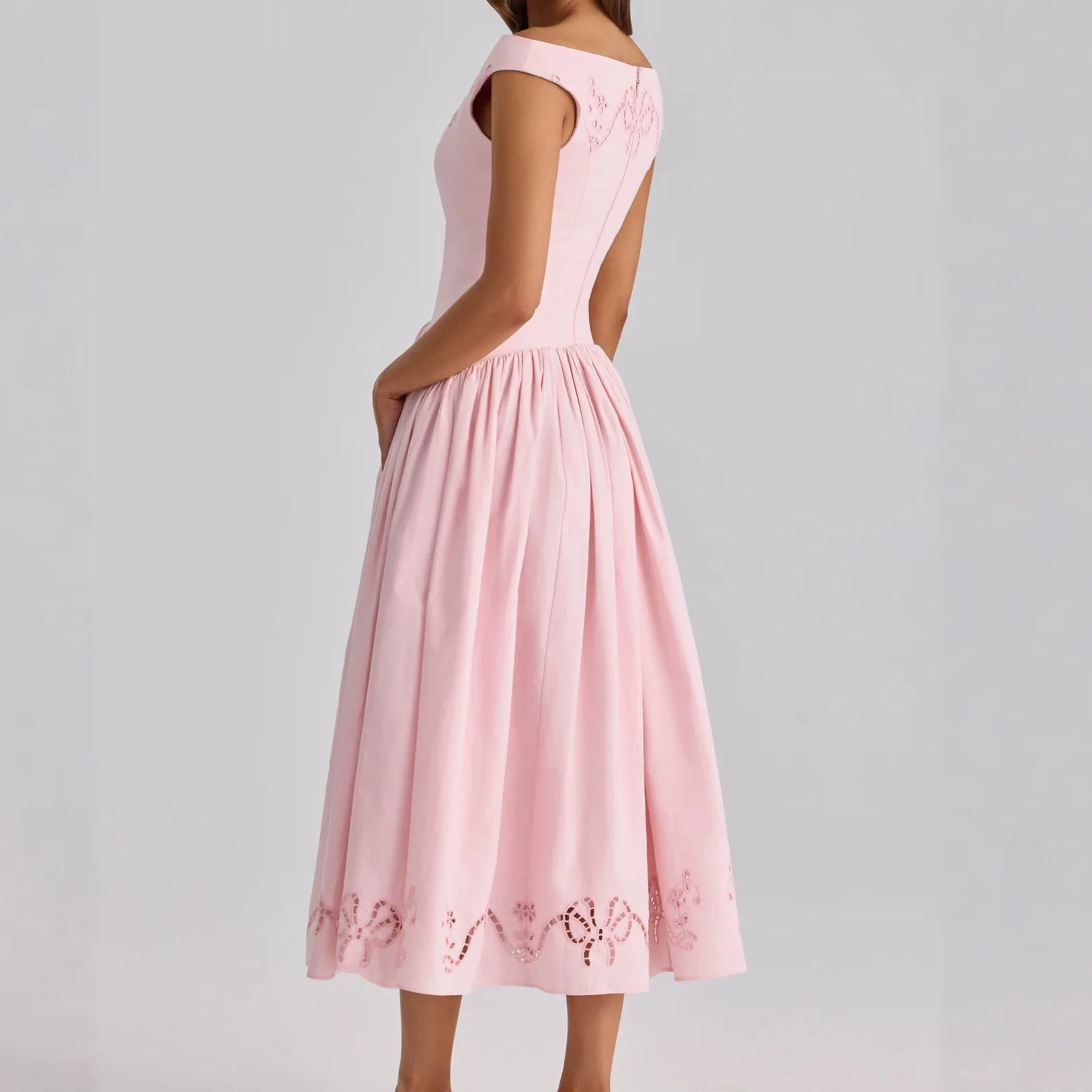 French Vintage Romantic Off Shoulder Midi Dress Lace Hollow Out Waist Flared Hem Dresses