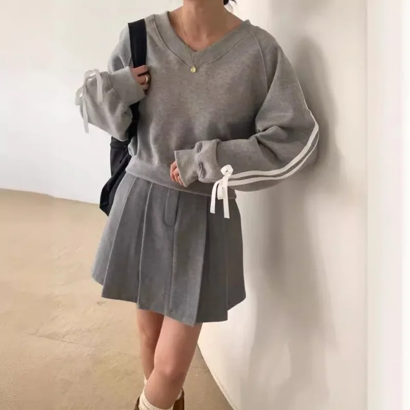 

2025 Autumn New Korean Ins Hoodie Short Cute Bow Strap Pink Girl Retro Loose V-neck Casual Hoodies Top Female Clothing