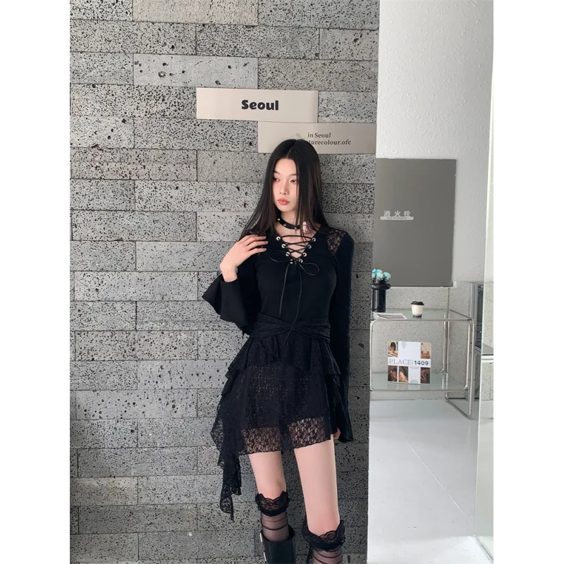 Minivestido de noche negro con paneles de encaje de punto Irregular Vintage, vestido gótico Punk con cuello en V, mangas con volantes, corte en A