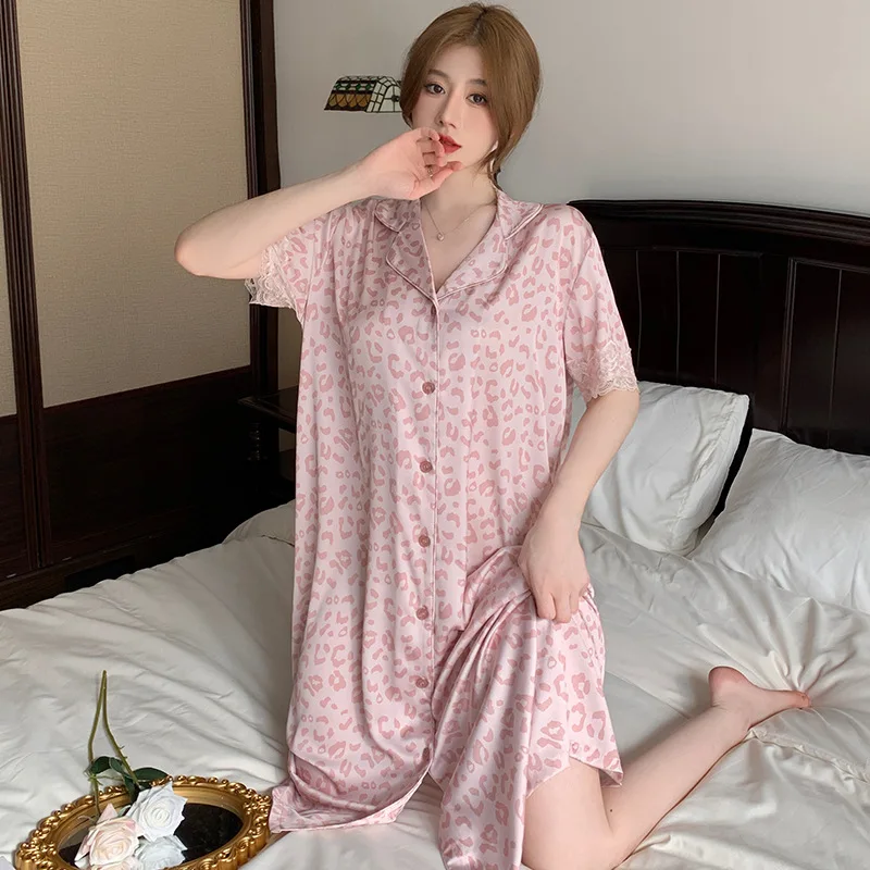 Pink Leopard Print Spring and Summer New Long-sleeved Cardigan Pajamas Women\'s Korean Ice Silk Casual Loungewear Set Pink Satin