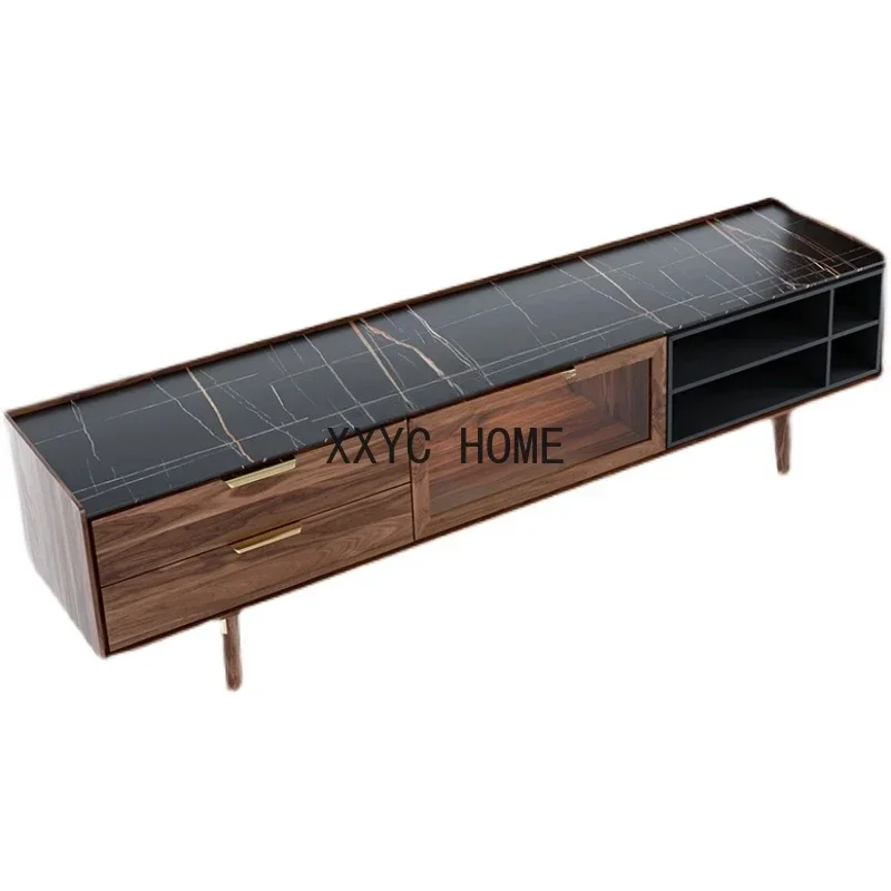 

Nordic TV Cabinet Black Walnut Stone Plate Glass Floor Cabinet Modern Minimalist Side Cabinet Living Room Furniture