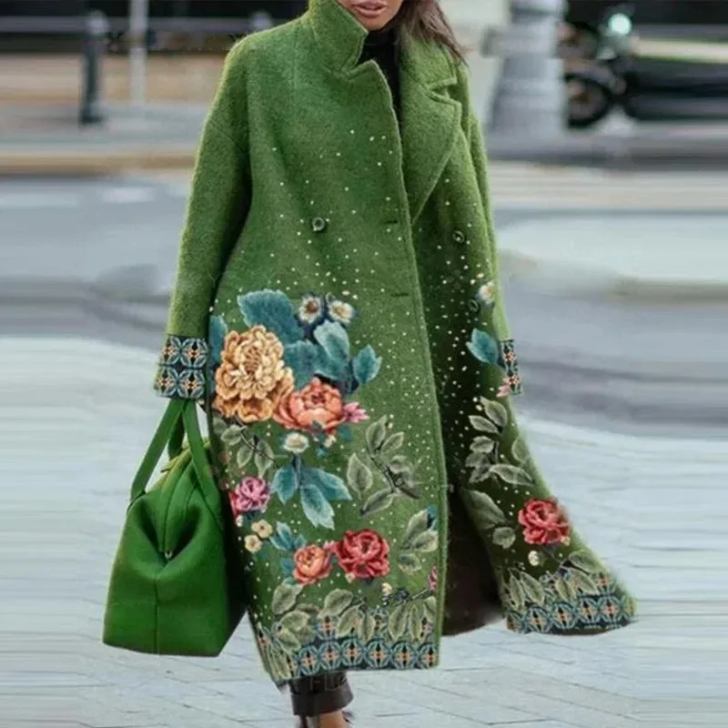 Mantel Kardigan Panjang Wanita Jalan Musim Gugur Jaket Lengan Panjang Saku Gambar Cetak Floral Mode 2023 Mantel Wol Campuran Elegan Wanita Musim Dingin