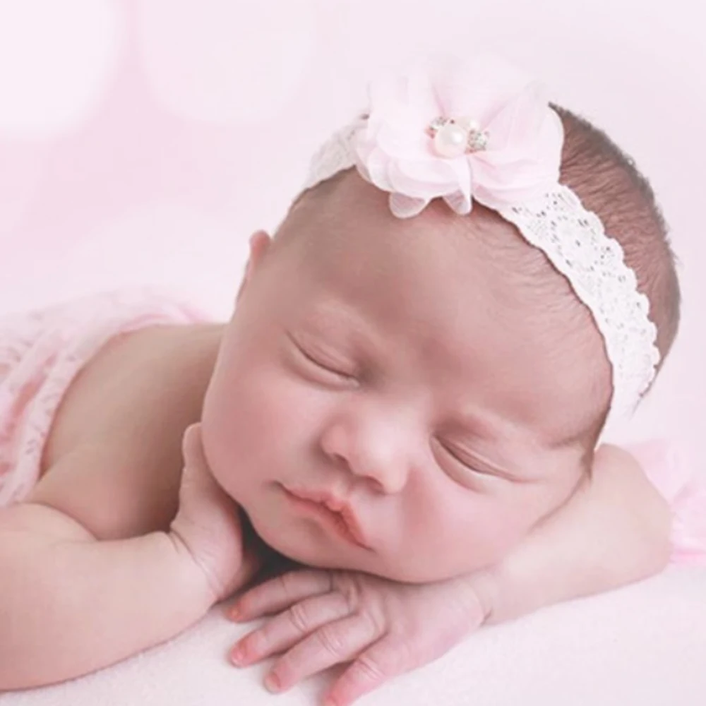 0-6 M Stitched Pearl Chiffon Flower Headband Newborn Hair Accessories Baby Girl Floral Print Lace Headbands Baby Photo Headdress