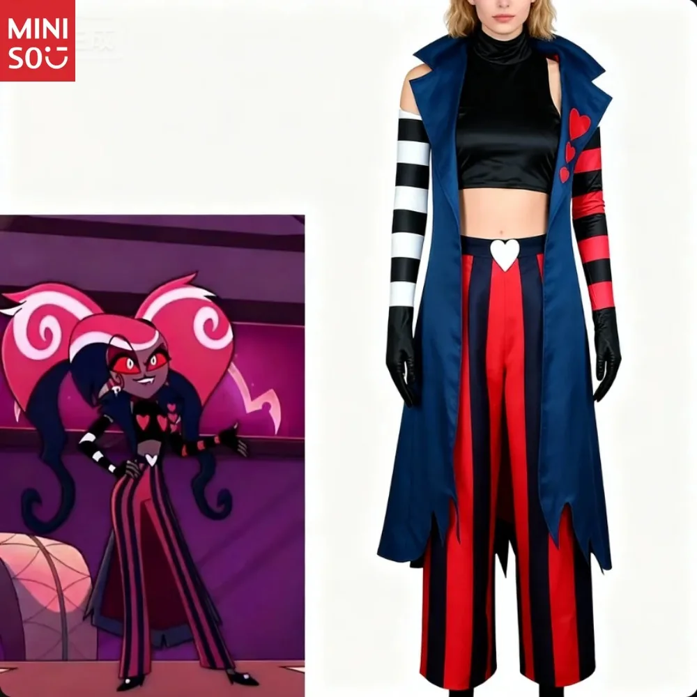 Set di costumi cosplay personaggio dei cartoni animati - Cappotto lungo alla moda con maniche a righe Hazbin Hotel Hell Inn Cos Costume cosplay in velluto