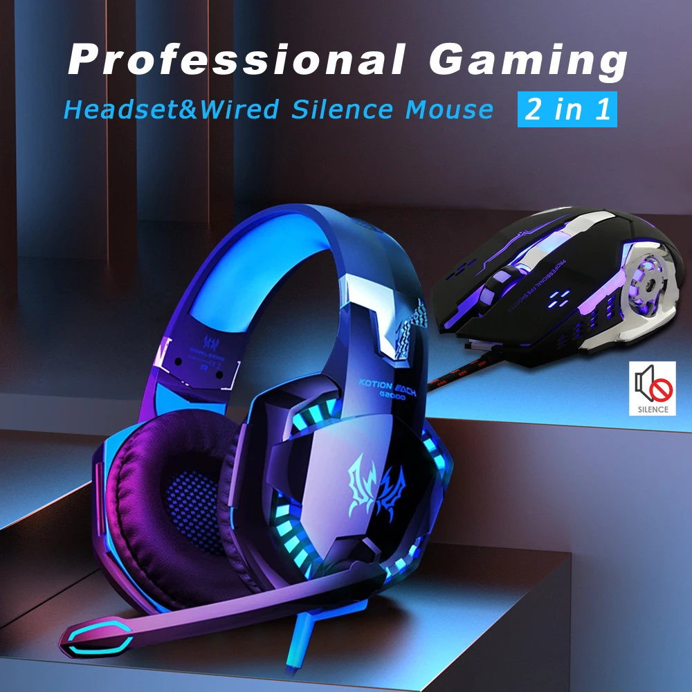 G2000 Gaming Headse Deep Bass Stereo Casquet  +Gaming Mouse Set Wired Headphone Gamer Earphone with Microphone for PS4/ PS5 /P