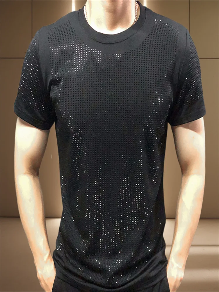 Black Fashion Diamond Rhinestone T-shirt Mens High Quality Men Short Sleeve T Shirt Streetwear Casual O-Neck Tee Homme