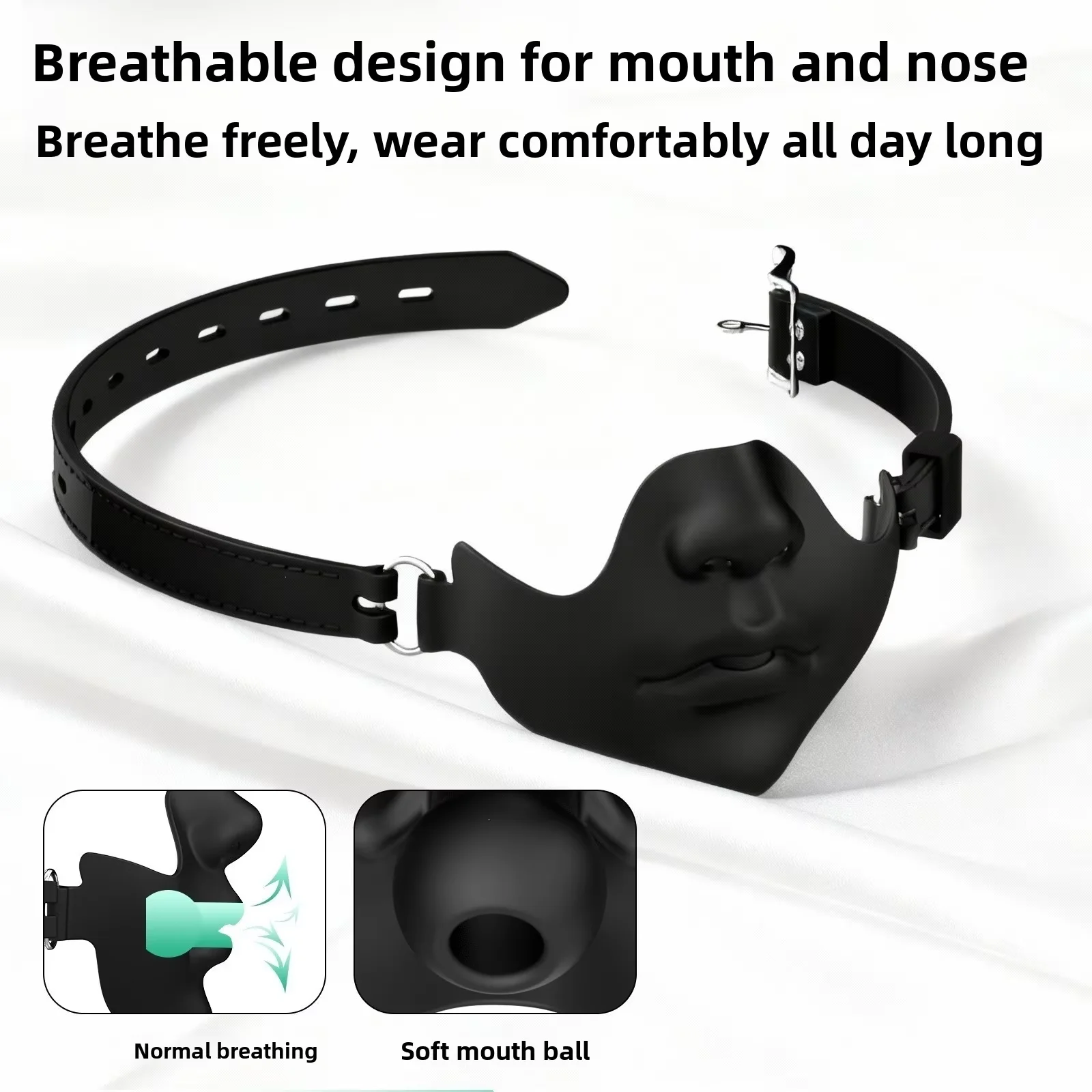Silicone Half Face Mask Mouth Gag Breathable Oral Plug Adjustable PU Strap Bondage Accessories Washable Couples Role Play Toy view 6