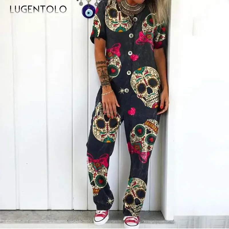 Skull Print Jumpsuit Women Fashion Short Sleeve Casual Summer Rivet Female Large Size 5XL New 2024 Loose Streetwear